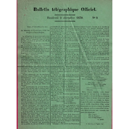 BULLETIN TELEGRAPHIQUE N°2 TOURS LE 2 DECEMBRE 1870 LEON GAMBETTA LETTRE COVER