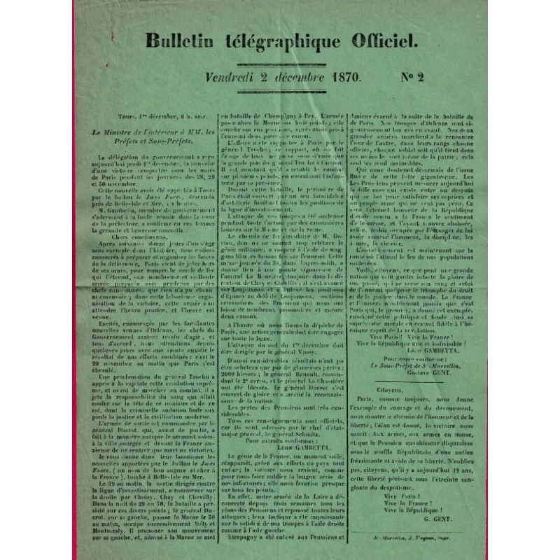 BULLETIN TELEGRAPHIQUE N°2 TOURS LE 2 DECEMBRE 1870 LEON GAMBETTA LETTRE COVER