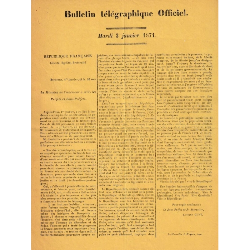 BULLETIN TELEGRAPHIQUE BORDEAUX LE 3 JANVIER 1871 ST MARCELLIN ISERE LETTRE COVER