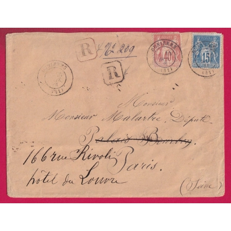 N°94 90 RECOMMANDE DUNIERES HAUTE LOIRE POUR PARIS LETTRE COVER