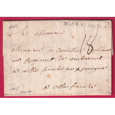 MARQUE NEUF BRISACH HAUT RHIN 1755 LENAIN N°5 INDICE 17 POUR VILLEFRANCHE DE ROUERGUE AVEYRON TAXE 18 LETTRE