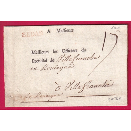 MARQUE SEDAN ARDENNES EN ROUGE 1764 LENAIN N°6A POUR VILLEFRANCHE DE ROUERGUE AVEYRON TAXE 17 LETTRE