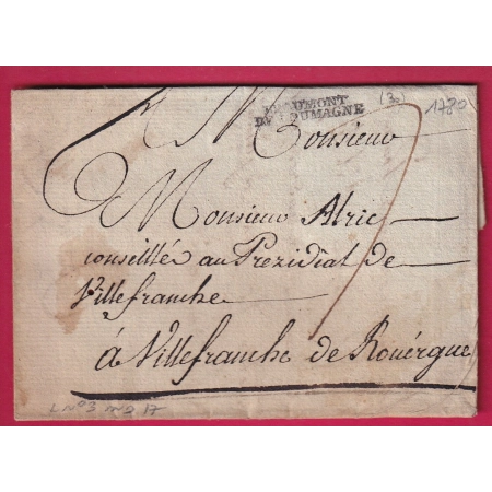 MARQUE BEAUMONT DE LOMAGNE HAUTE GARONNE 1780 LENAIN N°3 INDICE 15 POUR VILLEFRANCHE AVEYRON LETTRE