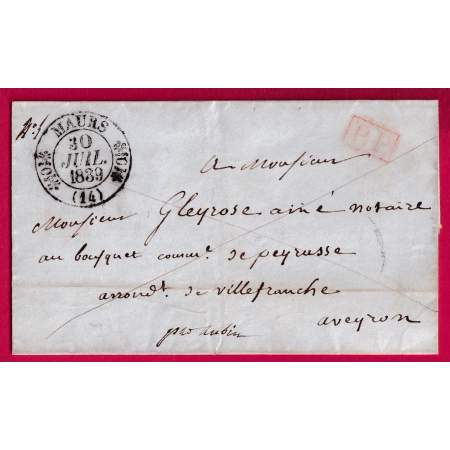 CAD TYPE 11 MAURS CANTAL + PP ROUGE 1839 POUR AUBIN AVEYRON 1839 INDICE 14 LETTRE