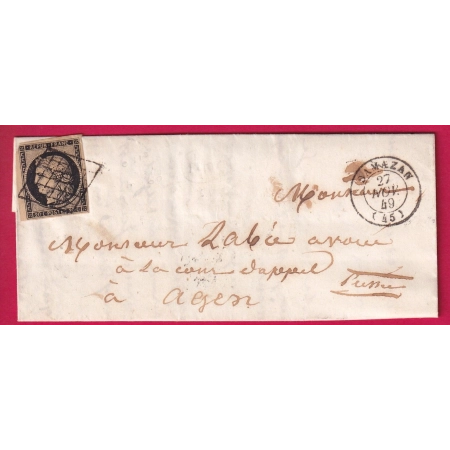 N°3 BDF GRILLE CAD TYPE 15 DAMAZAN LOT ET GARONNE POUR AGEN 1849 LETTRE
