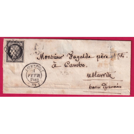 N°3 NOIR SUR BLANC GRILLE CAD TYPE 14 ROQUEFORT LANDES POUR CAMBO BASSES PYRENEES 1ER FEVRIER 1849 LETTRE