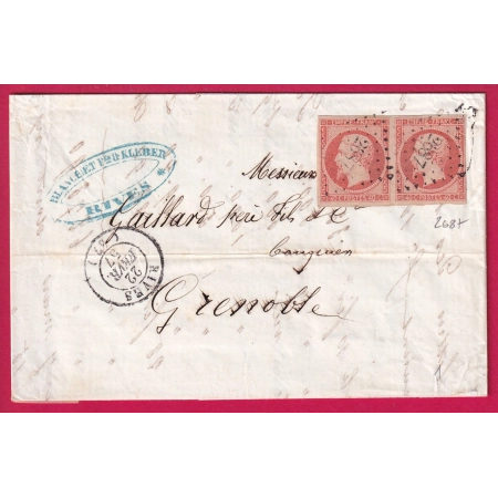 N°16 PAIRE SUR PAILLE TTB PC 2687 RIVES ISERE POUR GRENOBLE 1857 LETTRE