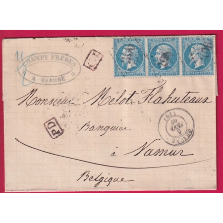N°22 BANDE DE 3 GC 396 BEAUNE COTE D'OR POUR NAMUR BELGIQUE DOUBLE PORT LETTRE