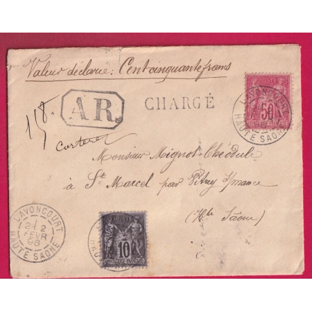 N°89 98 LETTRE CHARGE + AR LAVONCOURT HAUTE SAONE POUR ST MARCEL 1896 VITREY SUR AMANCE LETTRE