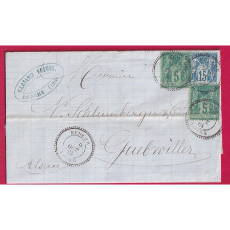 N°75X2 + 90 CAD TYPE 25 ECOCHE LOIRE POUR GUEBVILLER ALSACE LORRAINE ALLEMAGNE LETTRE
