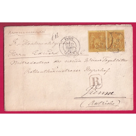 N°92 PAIRE PARIS ETOILE RECOMMANDE POUR VIENNE AUTRICHE 1884 LETTRE