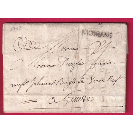 MARQUE MOIRANS JURA 1763 POUR GENEVE SUISSE LETTRE