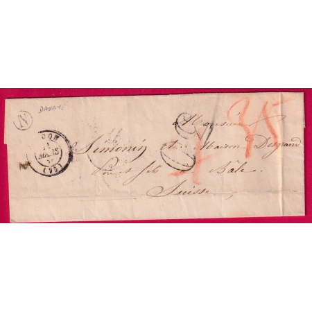 CAD TYPE 15 MACON SAONE ET LOIRE BOITE RURALE N DAVAYE POUR BALE SUISSE TAXE 30 TAMPON + TAXE SUISSE 35 ROUGE 1856