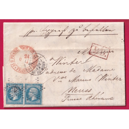 N°22 PAIRE PARIS ETOILE 26 GARE DU NORD POUR NEUSS ALLEMAGNE PRUSSE 1864 LETTRE
