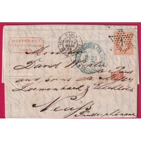 N°23 PARIS ETOILE 1 PL DE LA BOURSE POUR NEUSS ALLEMAGNE 1869 LETTRE