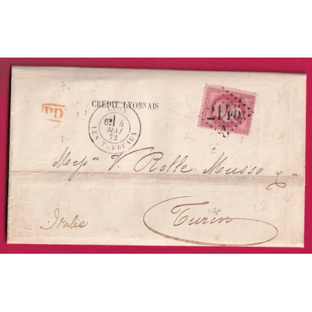 N°32 GC 2145 A LYON LES TERREAUX POUR TURIN ITALIE 1872 LETTRE