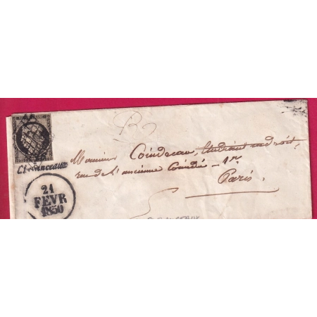 N°3 CURSIVE 16 CHEVANCEAUX CHARENTE INFERIEURE + GRILLE SUR TIMBRE DATEUR A 1850 POUR PARIS LETTRE