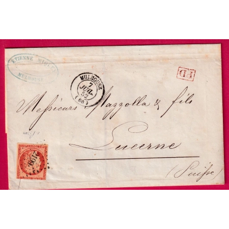 N°5 PC 2199 MULHOUSE HAUT RHIN POUR LUCERNE SUISSE 1852 SIGNE PISANI LETTRE