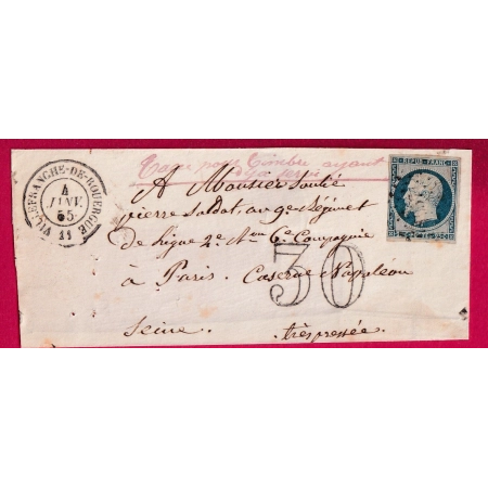 N°10 TAXE TAMPON 30 TIMBRE AYANT DEJA SERVI VILLEFRANCHE DE ROUERGUE AVEYRON POUR PARIS DEVANT DE LETTRE