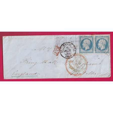 N°14 TB PAIRE BLEU LAITEUX ROULETTE POINTILLES FINS PARIS 2° 60 13 POUR NORFOLK ANGLETERRE 1855 LETTRE