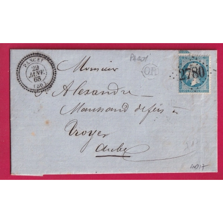 N°22 GC 2780 PANCEY HAUTE MARNE OR PAROY SUR SAULX POUR TROYES AUBE LETTRE
