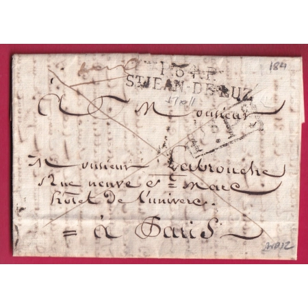 MARQUE P64P ST JEAN DE LUZ BASSES PYRENEES POUR PARIS 1820 INDICE12 LETTRE