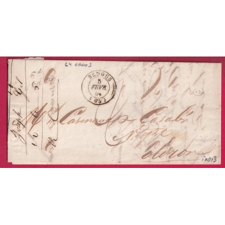 CURSIVE 64 URDOS BASSES PYRENEES 1848 TYPE 15 BEDOUS POUR OLORON INDICE 13 LETTRE COVER