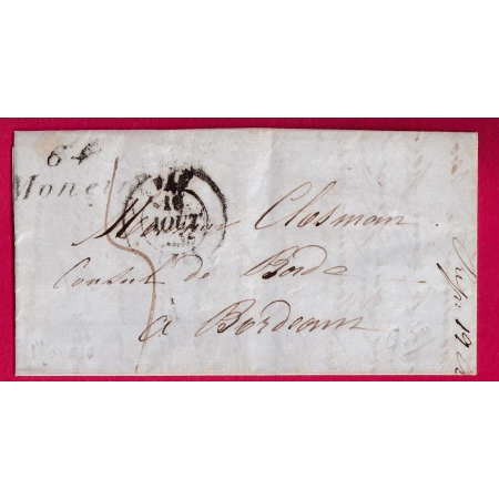 CURSIVE 64 MONEIN BASSES PYRENEES CAD TYPE 14 PAU POUR BORDEAUX 1844 LETTRE COVER