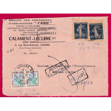 ENTIER DECOUPE 10C SEMEUSE BLEU TAXE FLEURS ANGERS 1966 DEVANT DE LETTRE CURIOSITE