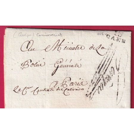 FRANCHISE TAMPON SIGNE LEVEQUE COMMISSAIRE DU DIRECTOIRE DU CALVADOS CAEN AN6 1798 POUR PARIS LETTRE COVER