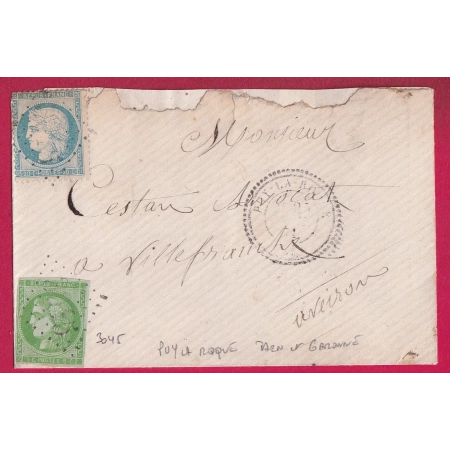 N°37 + 42B GC 3045 PUY LA ROQUE CAD TYPE 24 TARN ET GARONNE POUR VILLEFRANCHE DE ROUERGUE AVEYRON NOVEMBRE 1871LETTRE