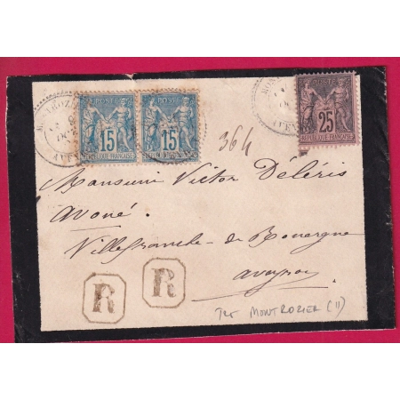 N°90 PAIRE 97 CAD TYPE 25 MONTROZIER AVEYRON RECOMMANDE POUR VILLEFRANCHE DE ROUERGUE LETTRE
