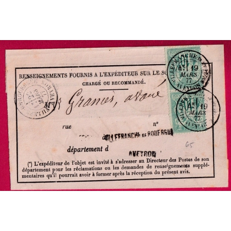 N°65 PAIRE VILLEFRANCHE DE ROUERGUE AVEYRON 1877 AVIS DE CHARGEMENT POUR ORLEANS LOIRET DEVANT DE LETTRE