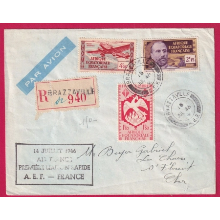 LETTRE AVION RECOMMANDE BRAZAVILLE AEF CONGO 1946 1ER VOL AIR FRANCE POUR ST FLORENT CHER LETTRE