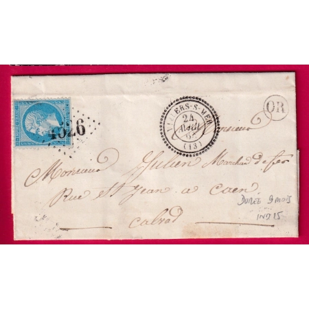 N°22 GC 4526 VILLERS SUR MER INDICE 15 CAD TYPE 22 POUR CAEN CALVADOS INDICE 15 LETTRE COVER