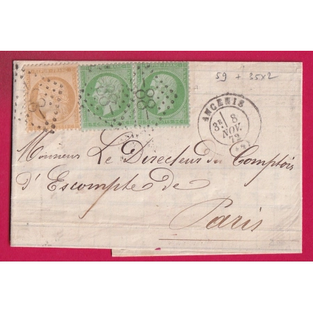 N°59 + 35 X2 GC 88 ANCENIS LOIRE INFERIEURE 8 NOV 1872 POUR PARIS LETTRE