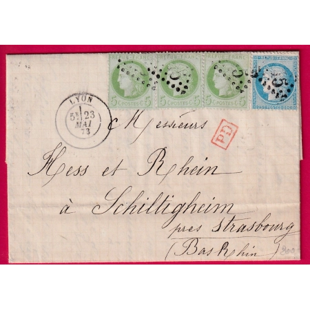 N°53 BANDE DE TROIS + N°60 GC 2145 LYON RHONE POUR SCHITIGHEIM BAS RHIN 1873 ALSACE LORRAINE ALLEMAGNE LETTRE