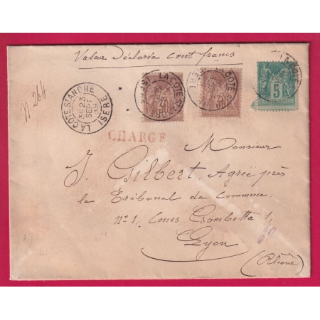 N°75 80 X2 LA COTE ST ANDRE ISERE LETTRE CHARGEE POUR LYON RHONE
