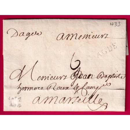 MARQUE AGDE HERAULT 1733 LENAIN N°1 POUR MARSEILLE BOUCHES DU RHONE INDICE 16 LETTRE