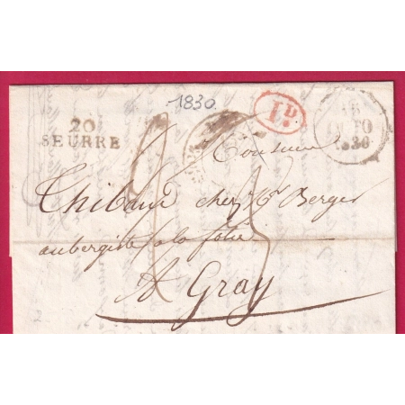 MARQUE 20 SEURRE COTE D'OR + DECIME RURAL ROUGE PRECOCE RARE ASSOCIATION 1830 POUR GRAY HAUTE SAONE LETTRE
