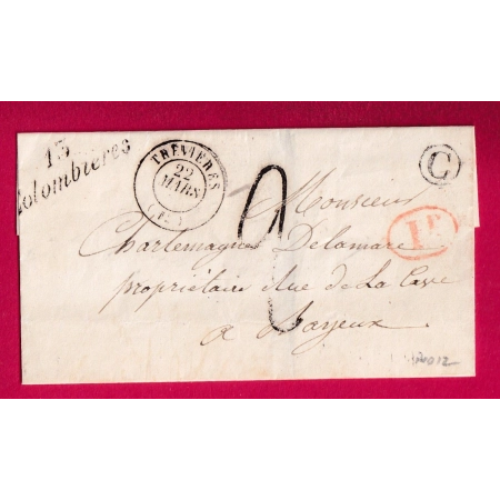 CURSIVE 13 COLOMBIERES CALVADOS T15 TREVIERES BOITE RURALE C DECIME RURAL POUR BAYEUX INDICE 12 LETTRE