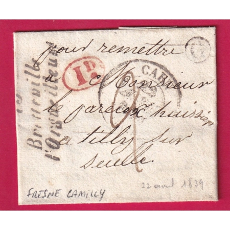 CURSIVE BRETEVILLE L'ORGUEILLEUSE CALVADOS CAD TYPE 13 CAEN BOITE RURALE G FRESNE CAMILLY POUR TILLY LETTRE