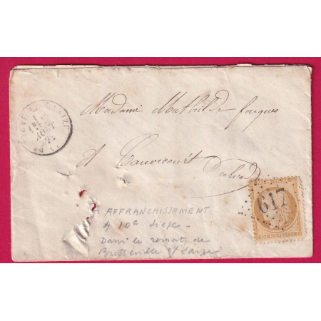 N°36 GC 617 BRETTEVILLE SUR LAIZE CAD TYPE 16 CALVADOS POUR CAUVICOURT AOUT 1871 LETTRE