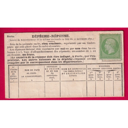 GUERRE 1870 N°20 NSG SUR CARTE DEPECHE REPONSE PIGEONGRAMME LETTRE