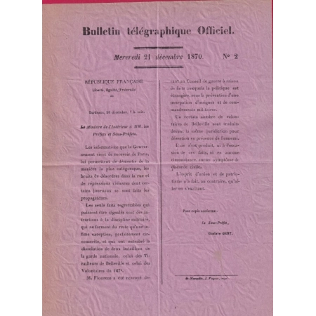 GUERRE 1870 BULLETIN TELEGRAPHIQUE OFFICIEL BORDEAUX N°2 MERCREDI 21 DEC 1870  LETTRE