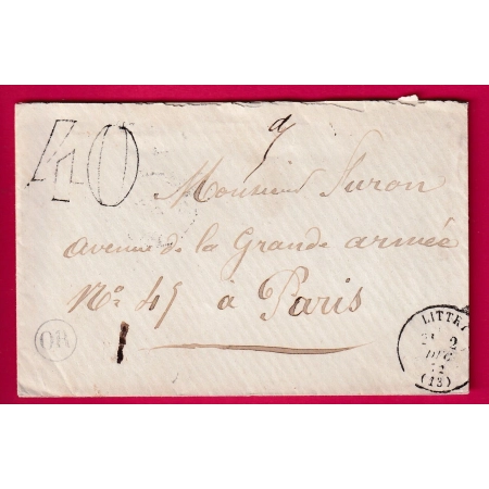 TAXE TAMPON 40 CAD TYPE 16 LITTRY CALVADOS POUR PARIS 1872 LETTRE