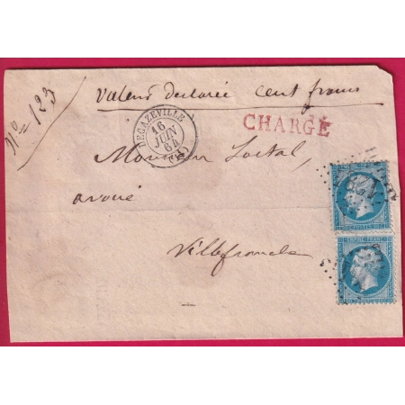 N°22 GC 1284 DECAZEVILLE AVEYRON LETTRE CHARGEE POUR VILLEFRANCHE DE ROUERGUE LETTRE