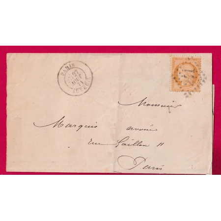 N°36 GC 241 PARIS AUTEUIL SEINE POUR PARIS 27 AOUT 1871 RECETTES REUNIES LETTRE
