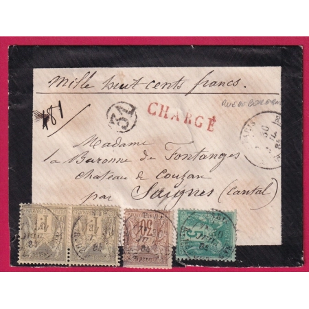N°75 80 82 PARIS LETTRE CHARGEE PARIS R DE BOURGOGNE POUR SAIGNES CANTAL