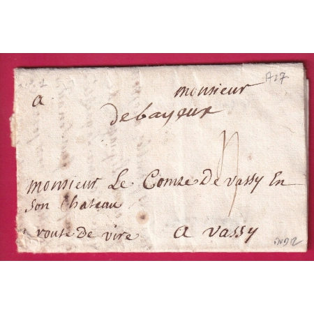 MARQUE MANUSCRIT DE BAYEUX CALVADOS 1727 LENAIN N°1 INDICE 12 MENTION ROUTE DE VIRE POUR VASSY LETTRE